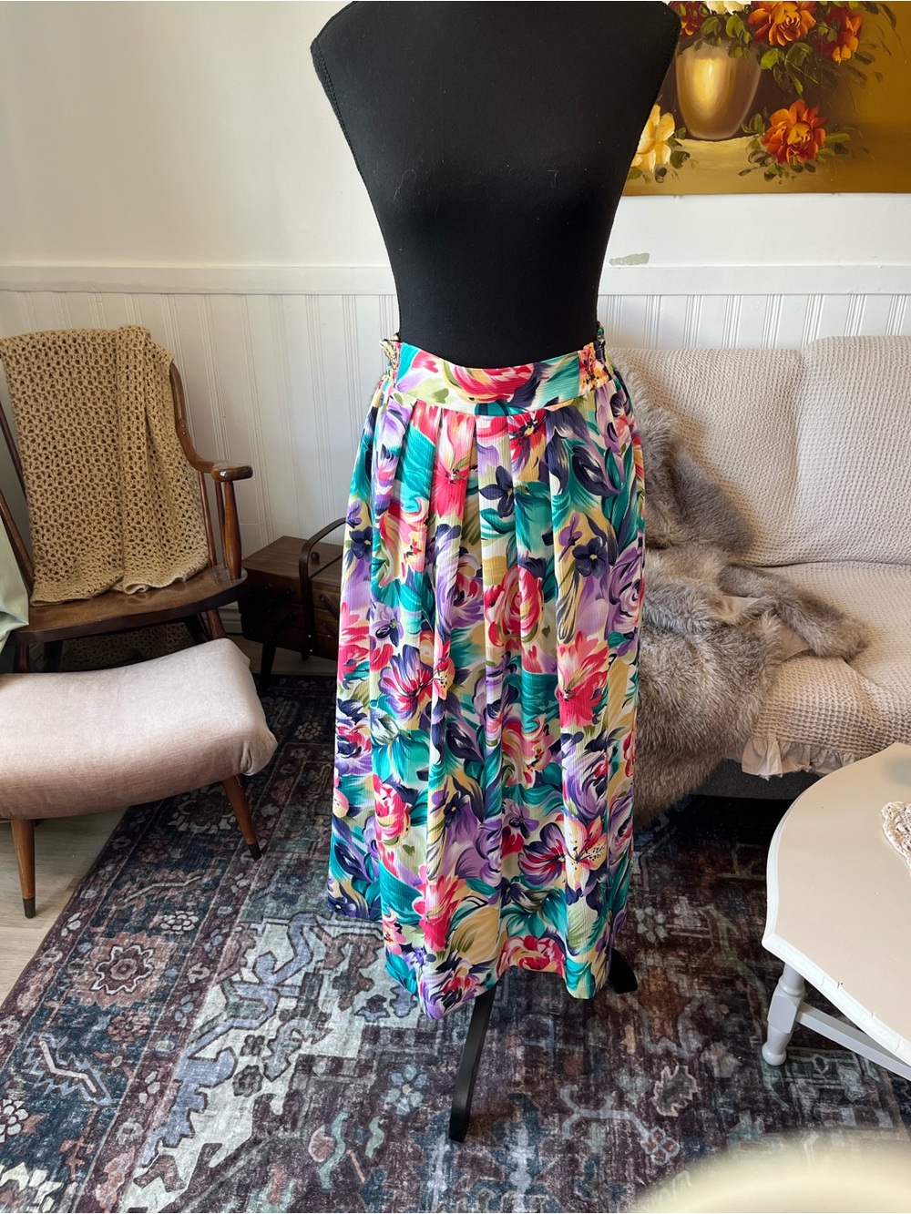 Fairset Vintage Floral Summer Multicolor Maxi Skirt Size S/M Stretchy Waist 26”